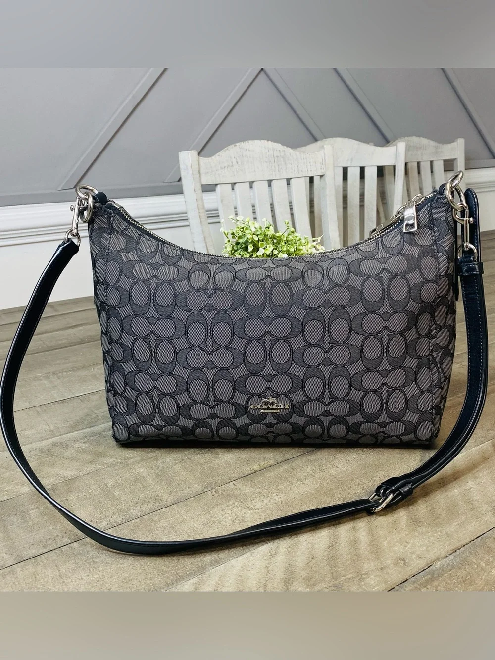 COACH F58284 East/West Celeste Hobo Signature Canvas Bag Black Smoke/Black